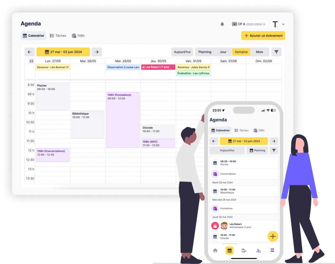 Teachapp pro, illustration de la fonctionnalité de l'agenda numérique